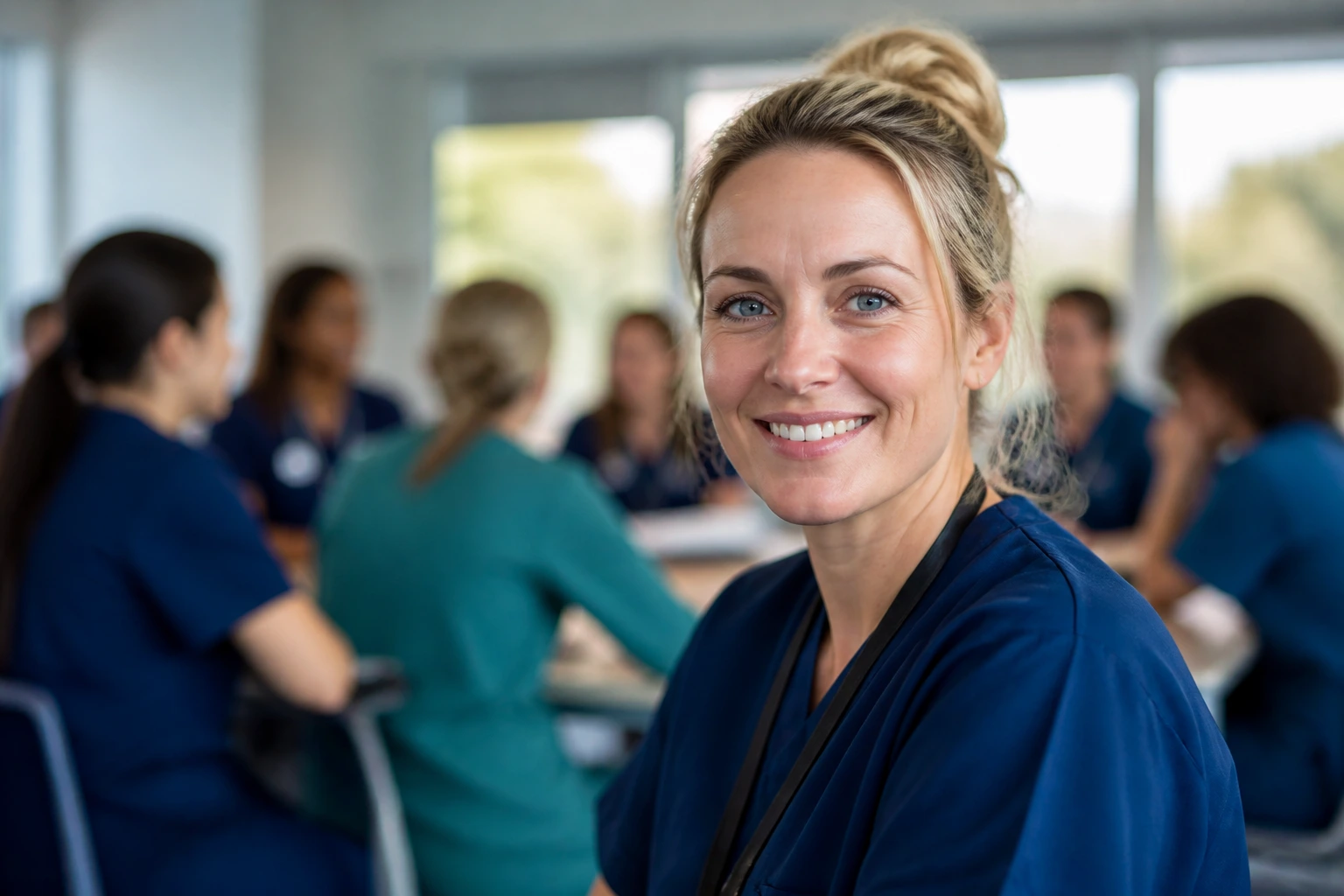 Nurse portrait in a modern training space networking