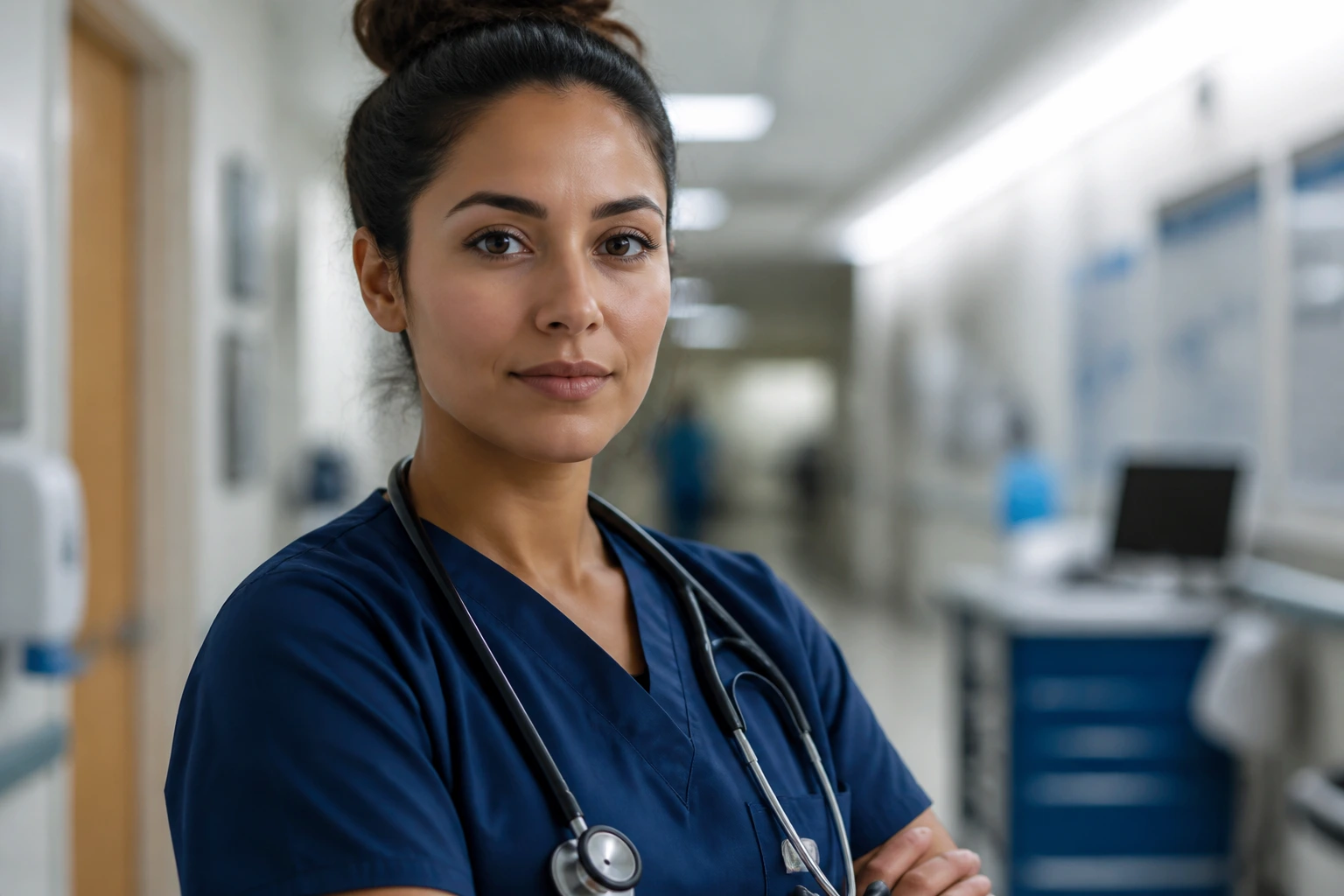 Portrait of an ICU nurse in a hospital corridor highlighting sponsorship qualifications.