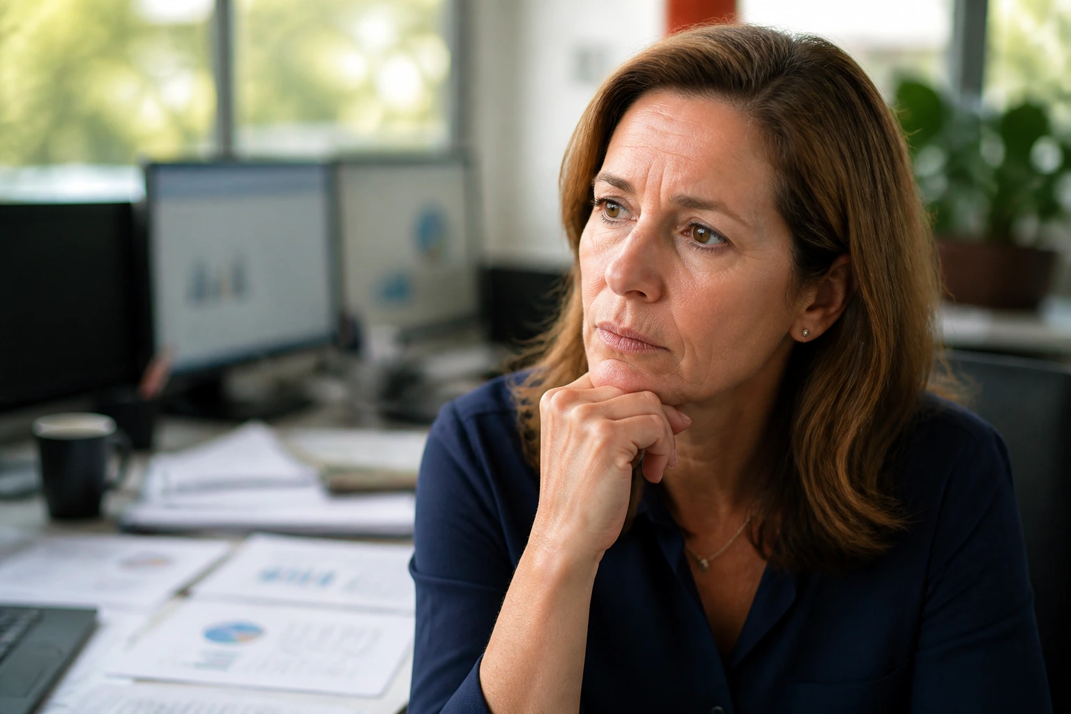 Professional contemplating job role alignment in an office