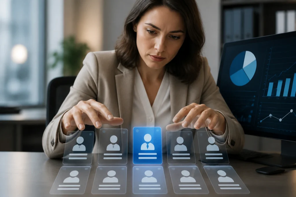 Recruiter evaluating job roles with abstract icons on a desk in an office