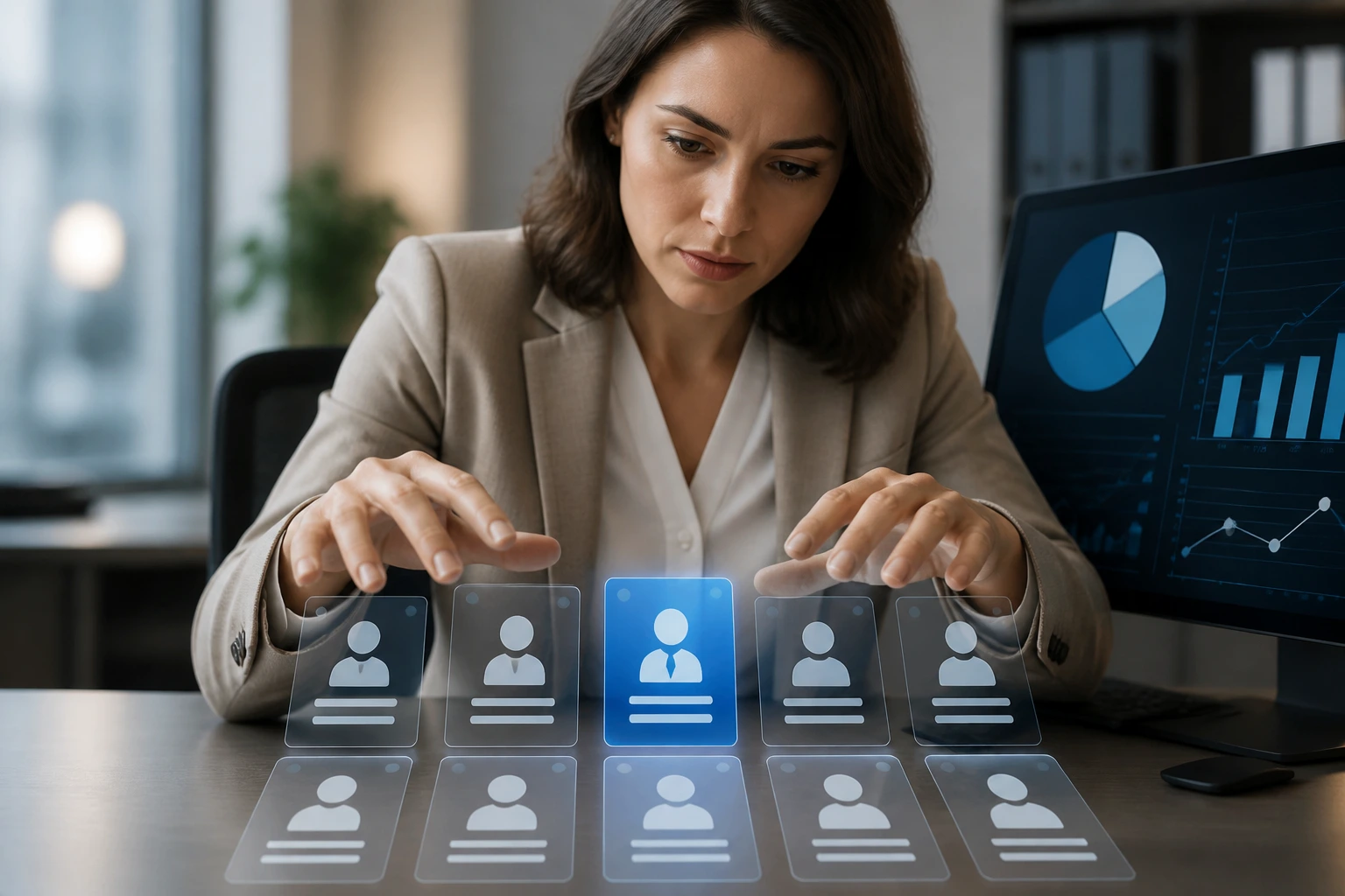 Recruiter evaluating job roles with abstract icons on a desk in an office