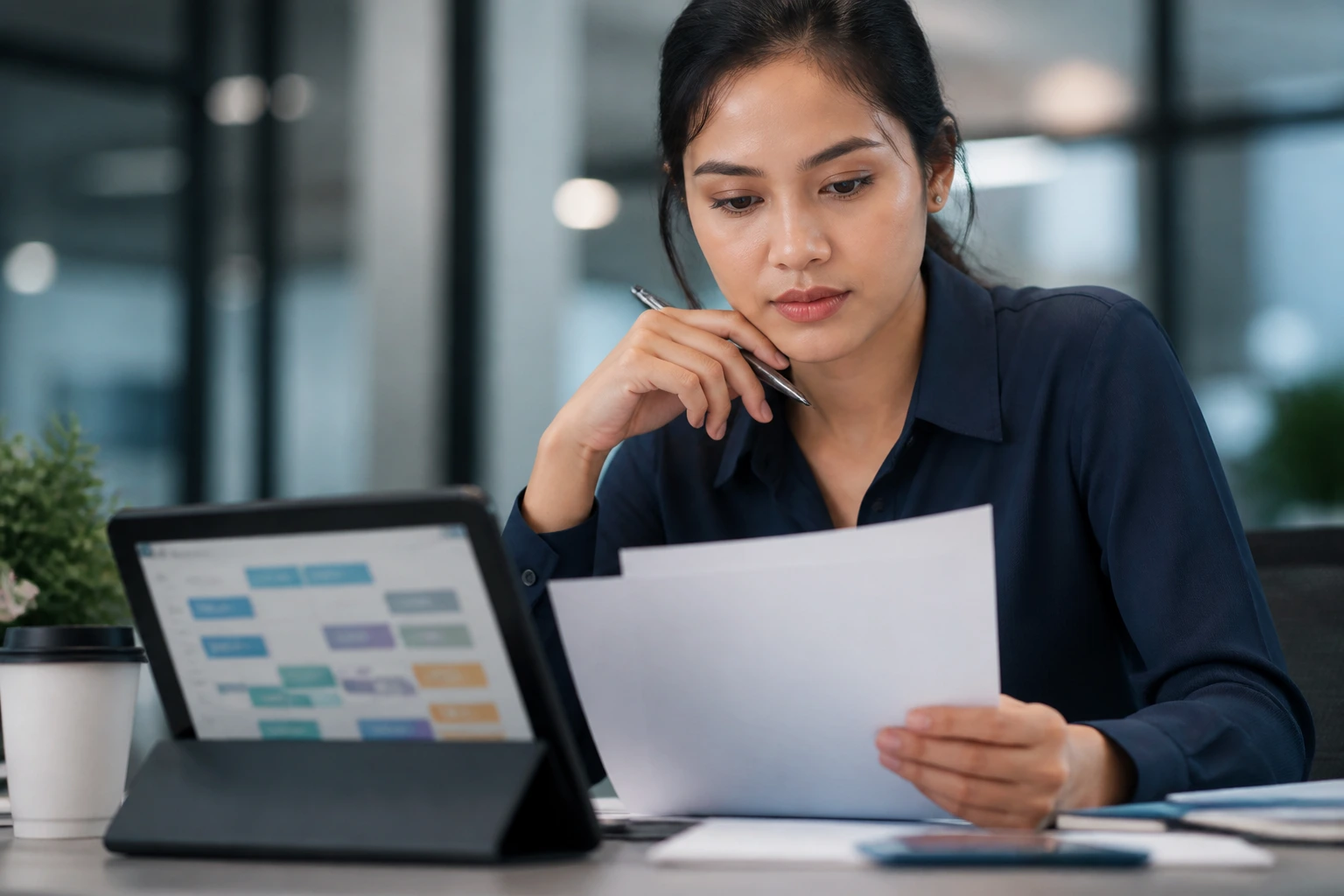 Portrait of a job seeker considering duties, with abstract code imagery in a soft office background.
