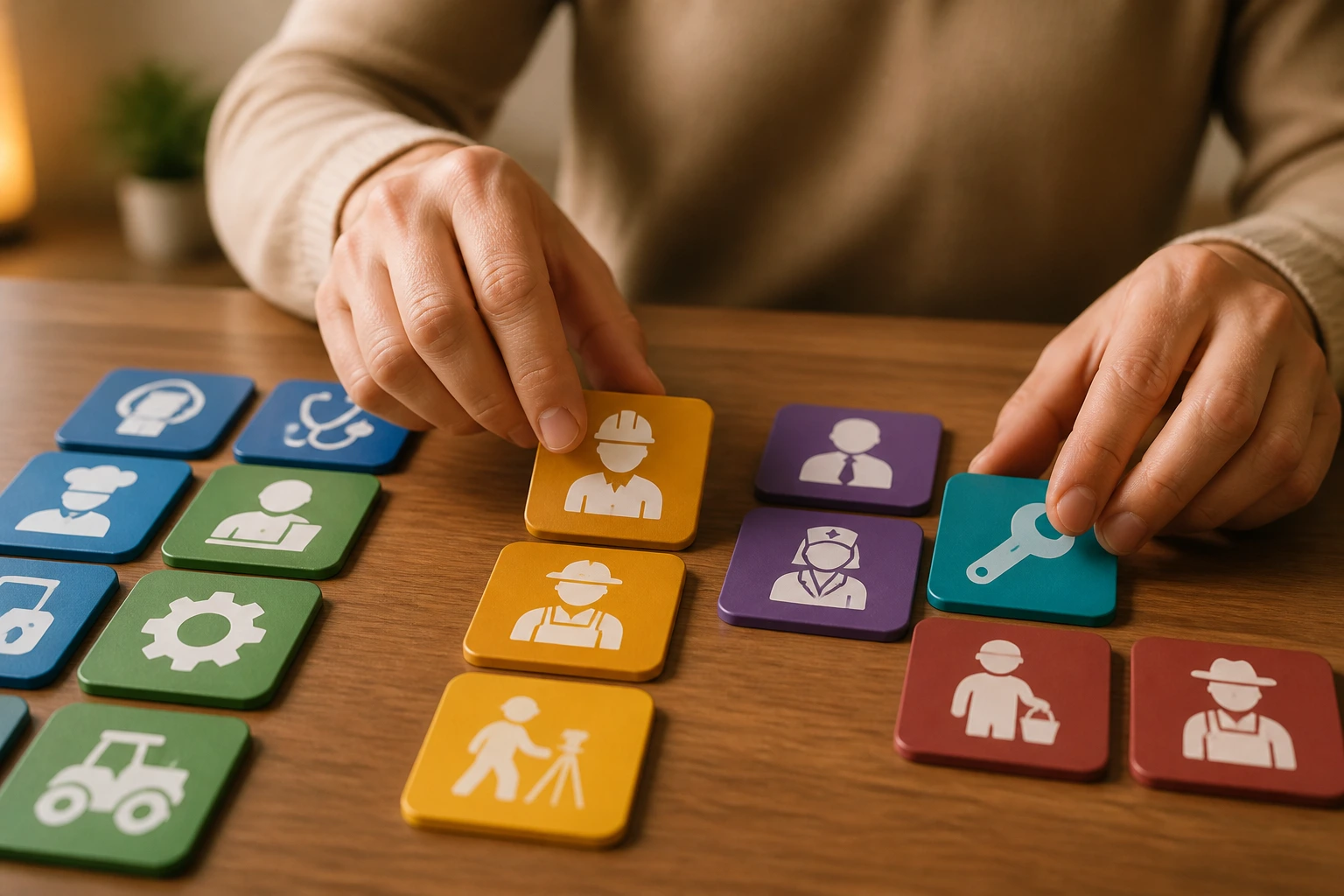 Hands sorting abstract occupation tiles without text