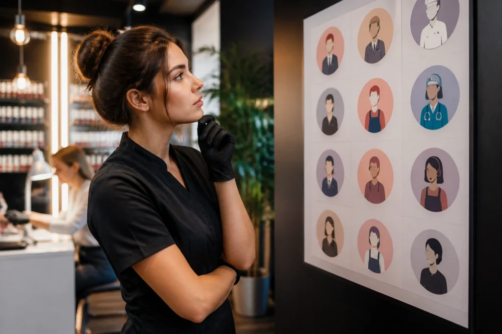 Nail technician in salon examining icon-based wall chart representing job titles