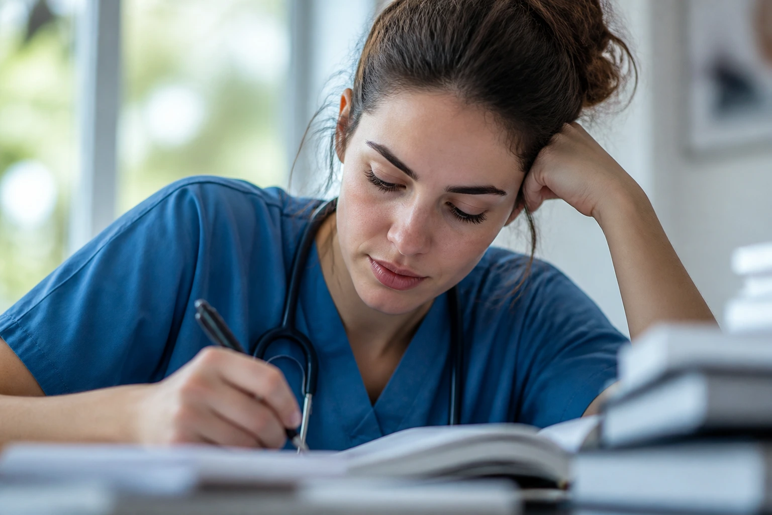 Nurse studying in a quiet room to meet English proficiency requirements