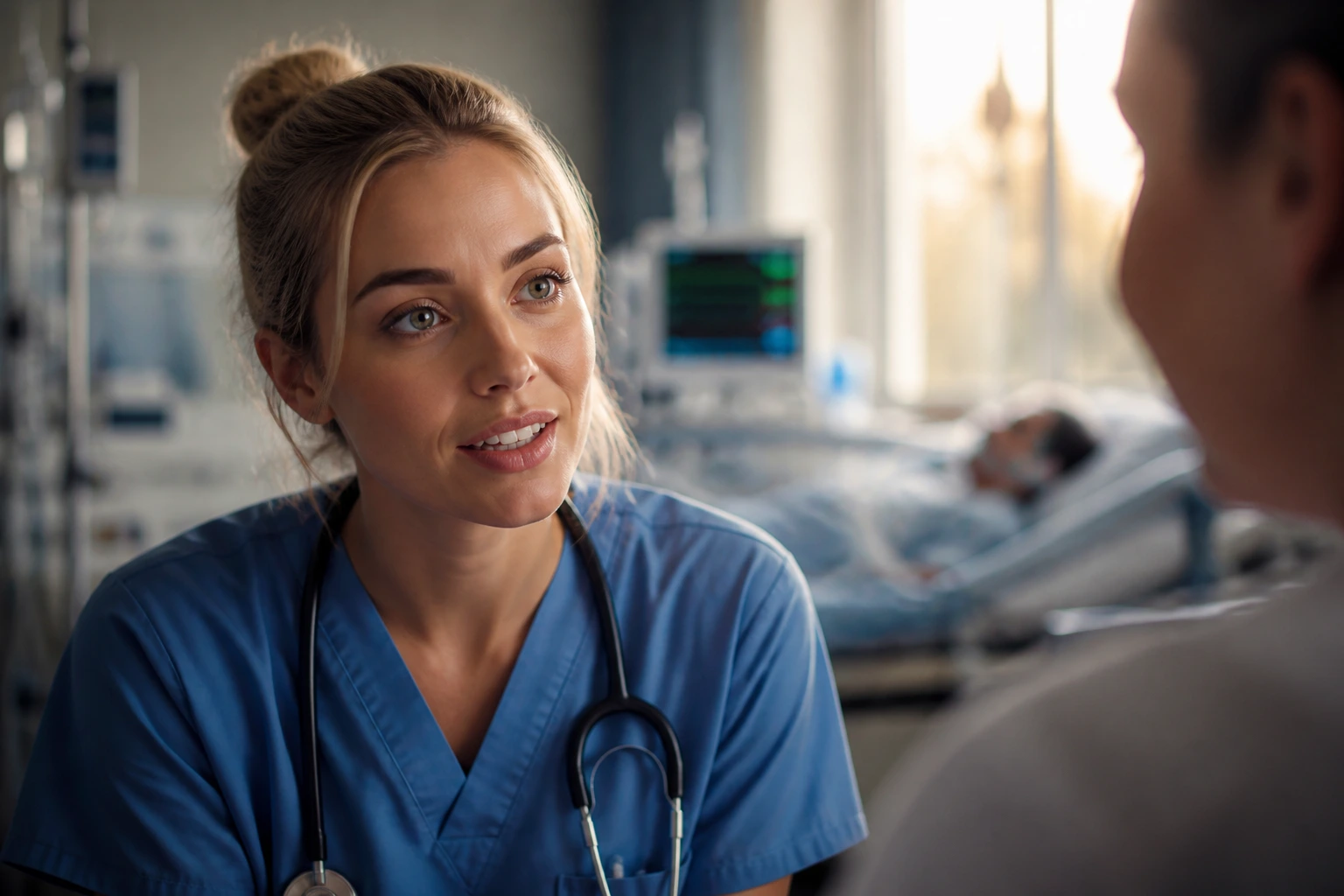 Close-up of a nurse communicating in a hospital ward, illustrating English proficiency requirements.