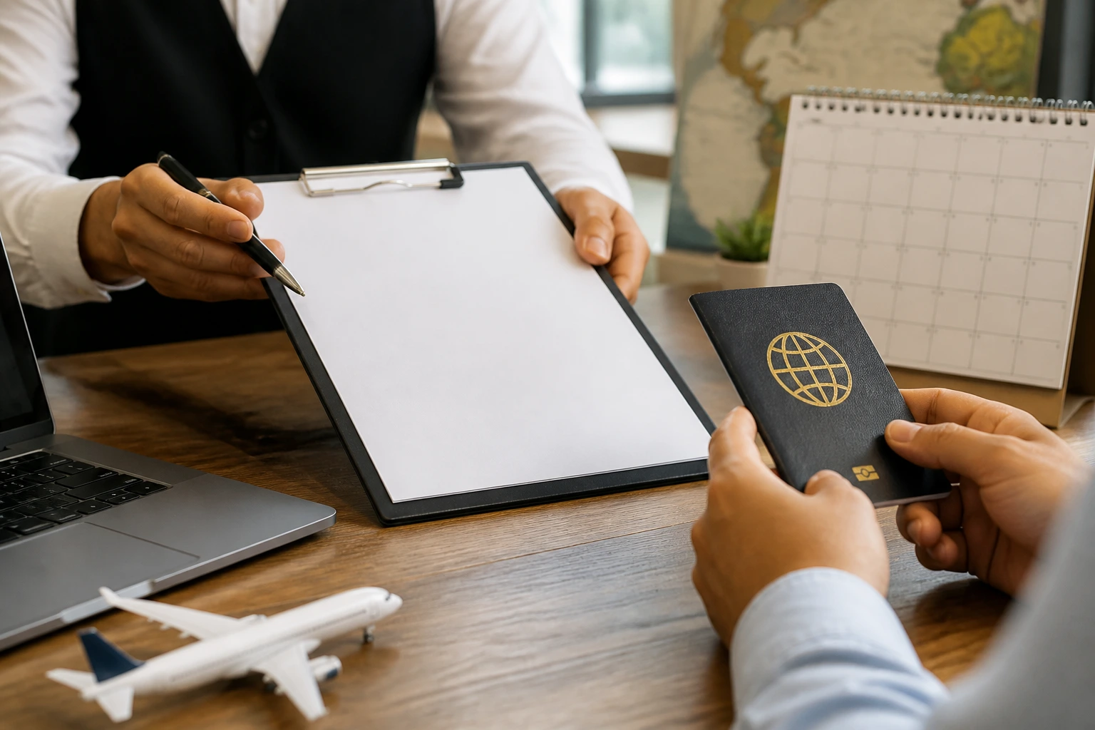 Hands with a blank contract and passport on desk to show arrival sequence