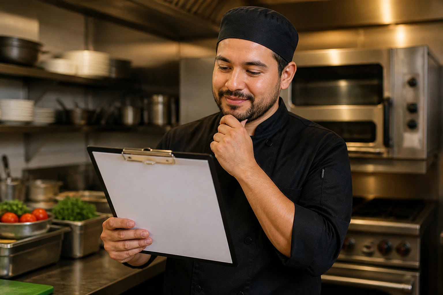 Cook in kitchen holding blank contract sheet, representing evaluating an offer