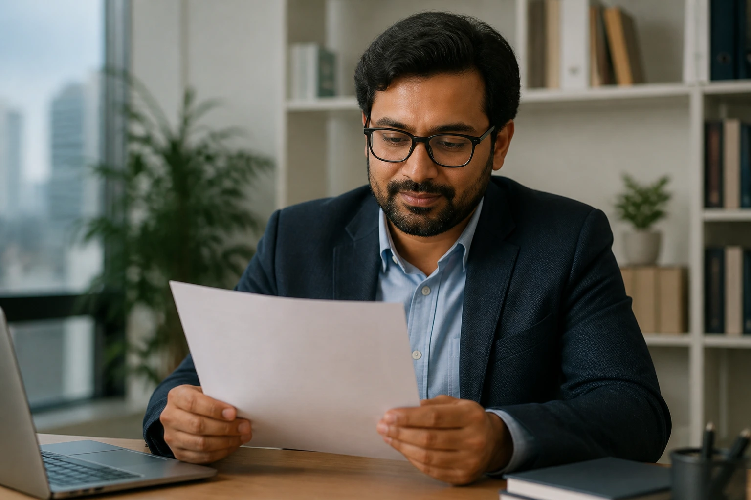 Academic reviewing the offer in a professional office