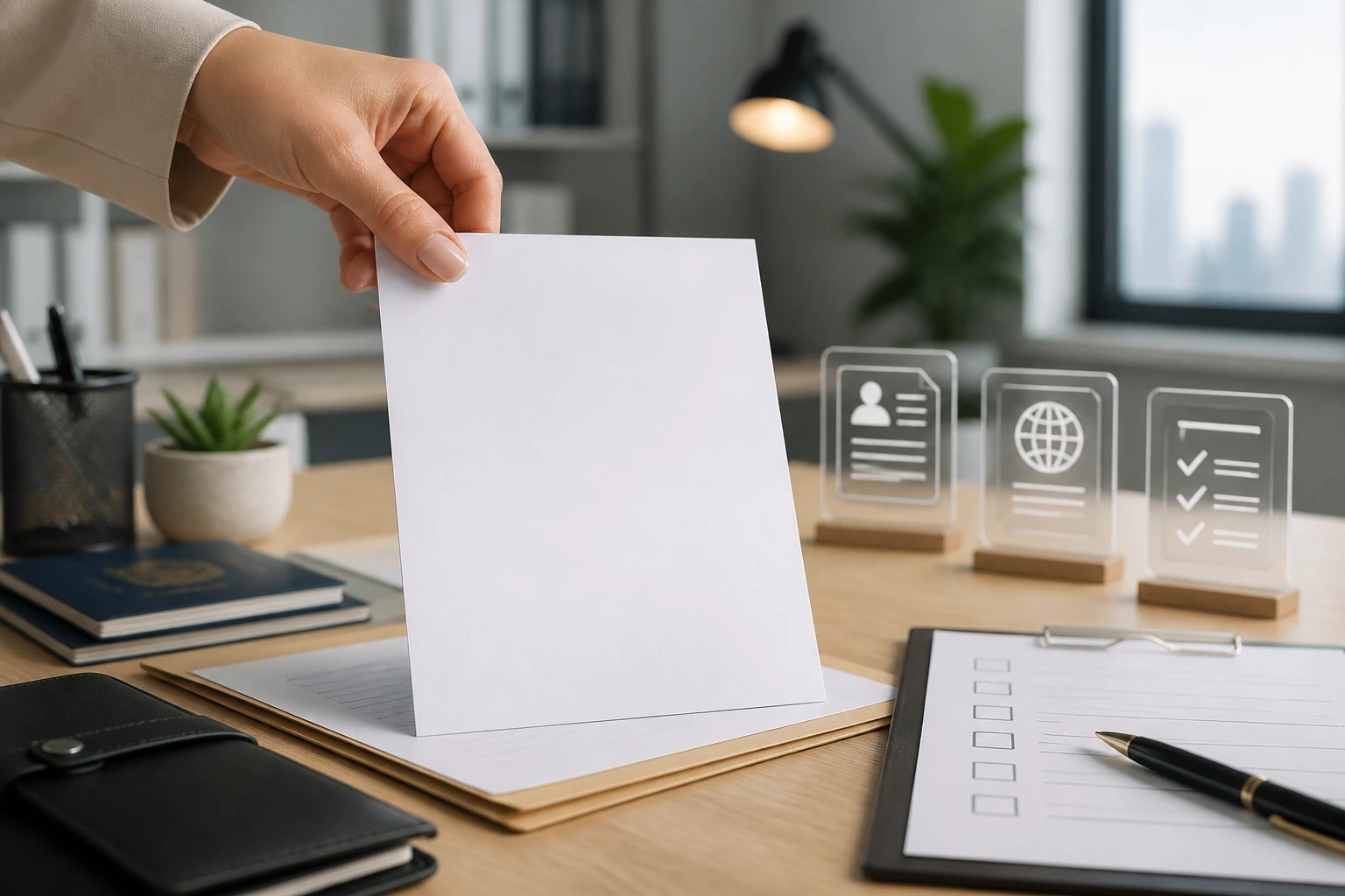 Close-up of a blank document placeholder and icons on a desk, representing post-offer steps