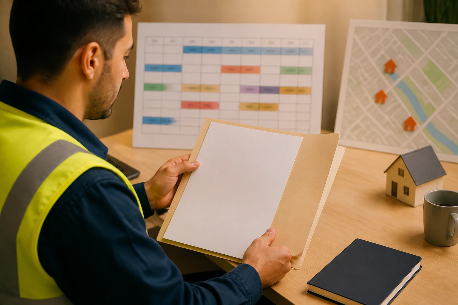 Person at a desk examining a blank letter with calendar and housing map blurred in the background.