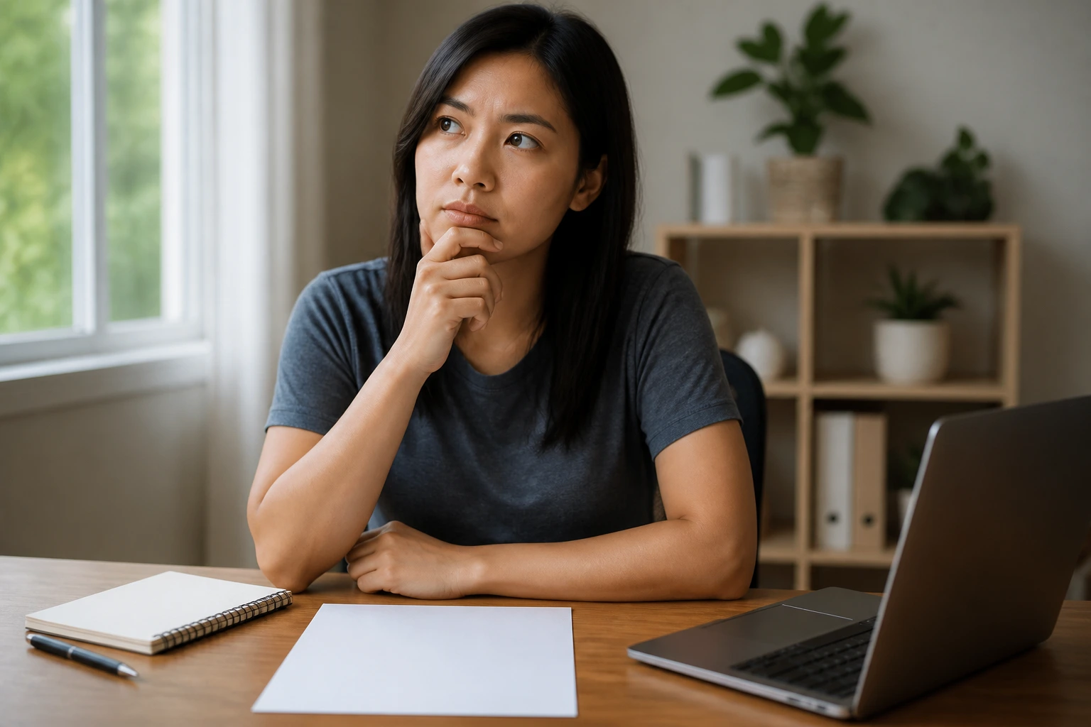 Candidate thoughtfully considers a job offer at a desk.