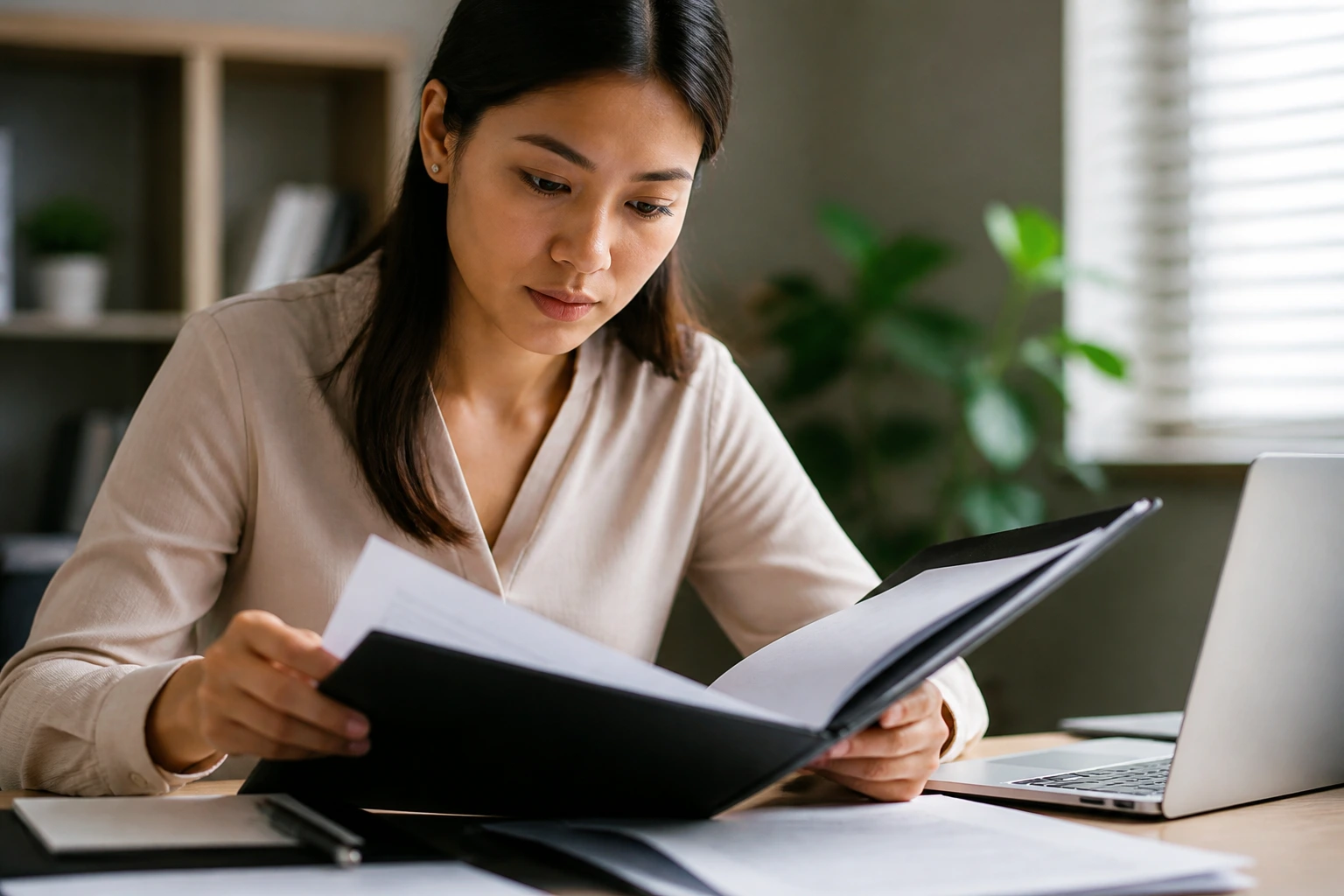 Portrait of a person reviewing an offer letter in a real office