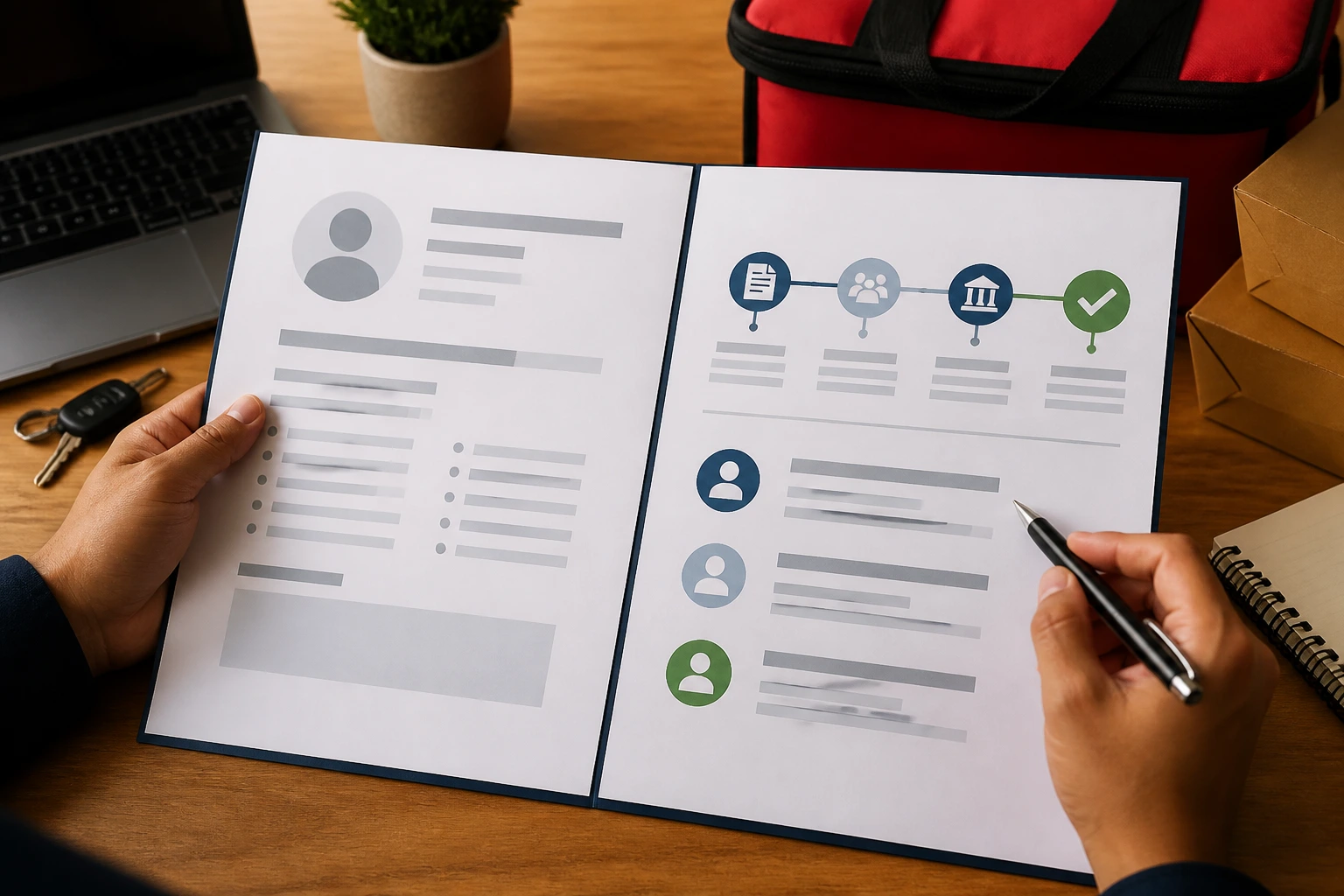 Hands with a contract-like document and pen on a desk