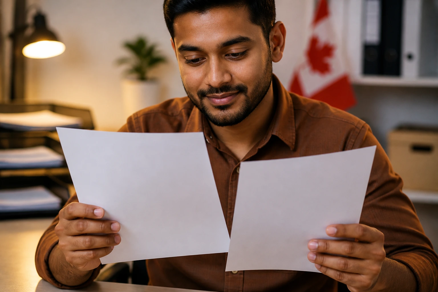 Person holding plain documents in an office setting