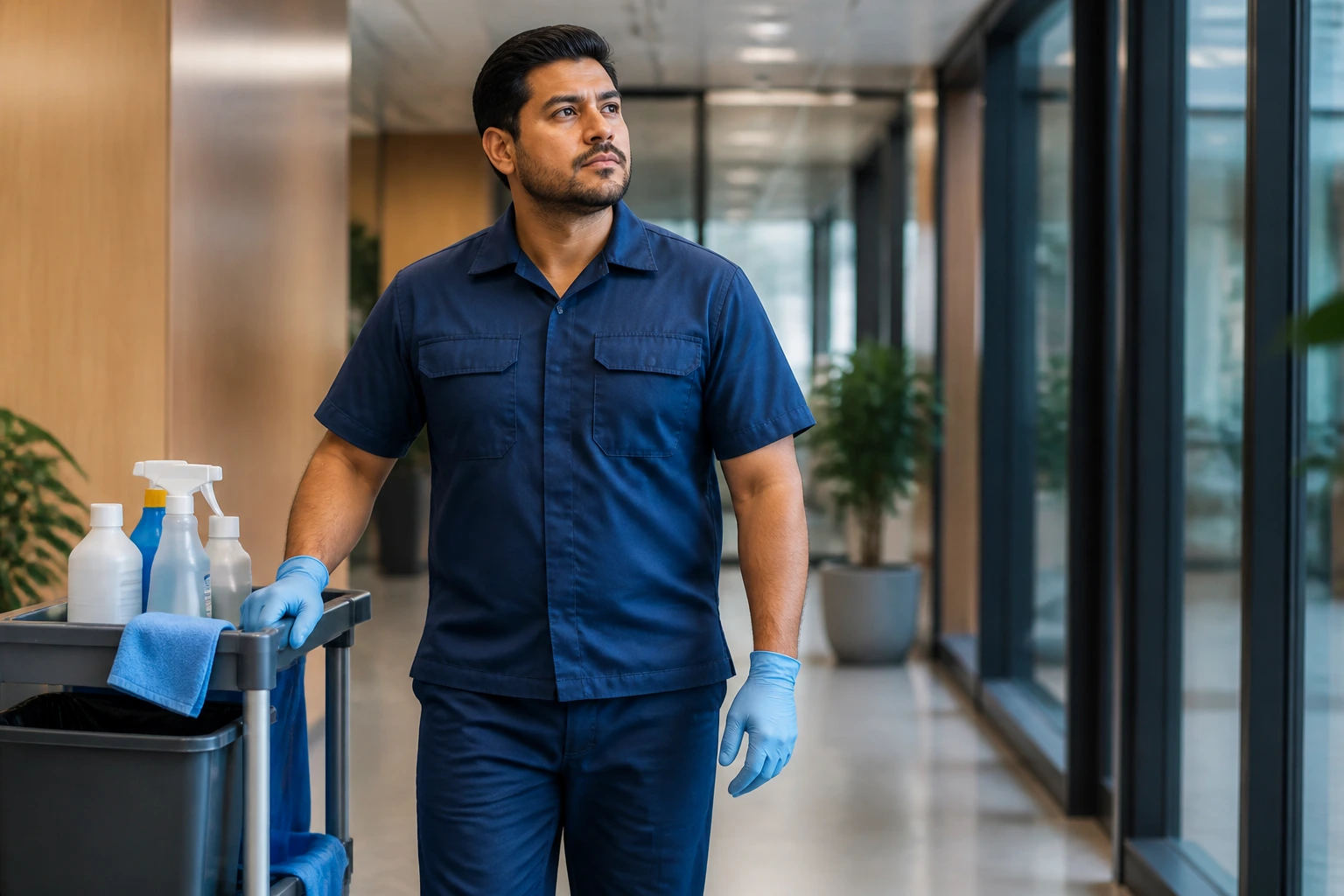 Facilities professional in a modern office corridor