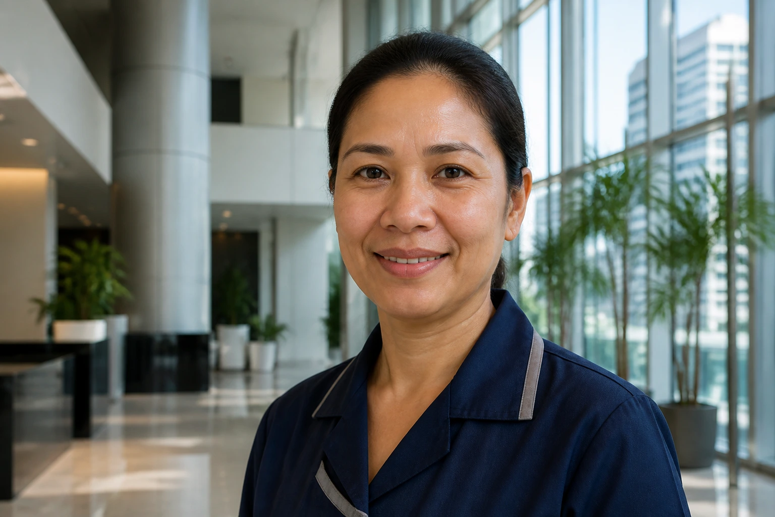 Cleaner in a smart uniform in a high-rise lobby
