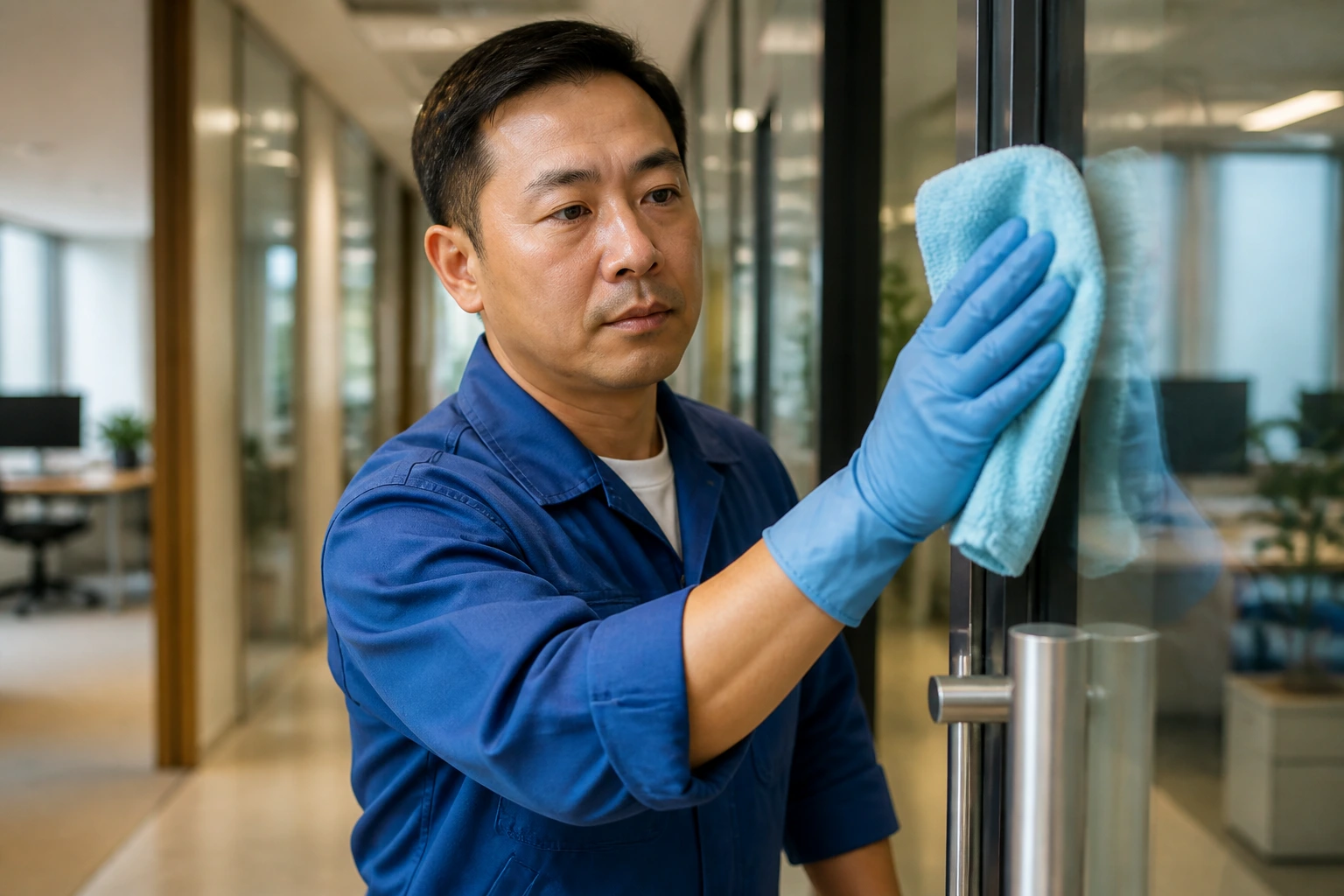 Close-up of an office janitor cleaning a glass door in a modern office lobby