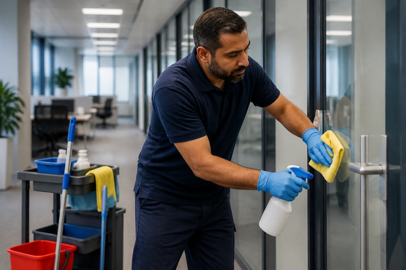 Janitor in uniform cleaning a modern office corridor