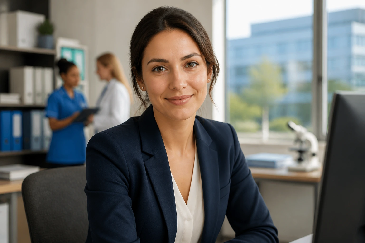 Portrait of a professional in an office with sector-like background hints for sponsorship.