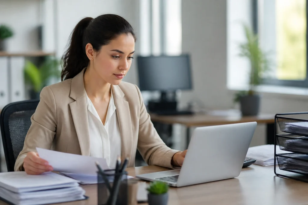 Portrait of an office worker performing admin tasks at a desk in a modern office