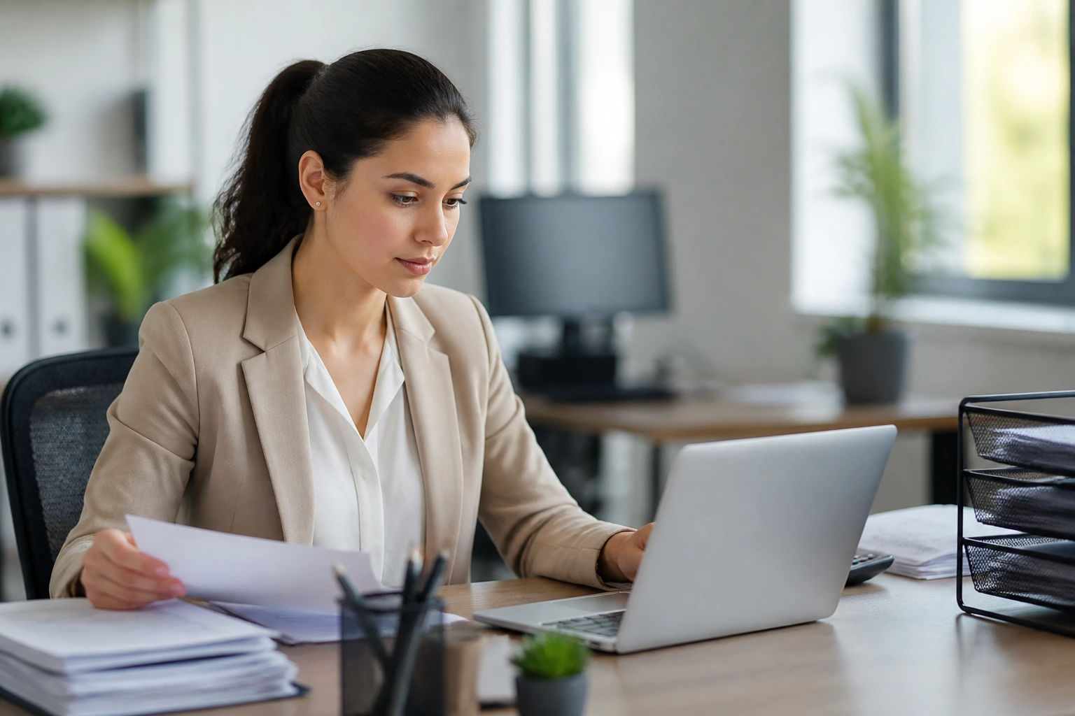 Portrait of an office worker performing admin tasks at a desk in a modern office