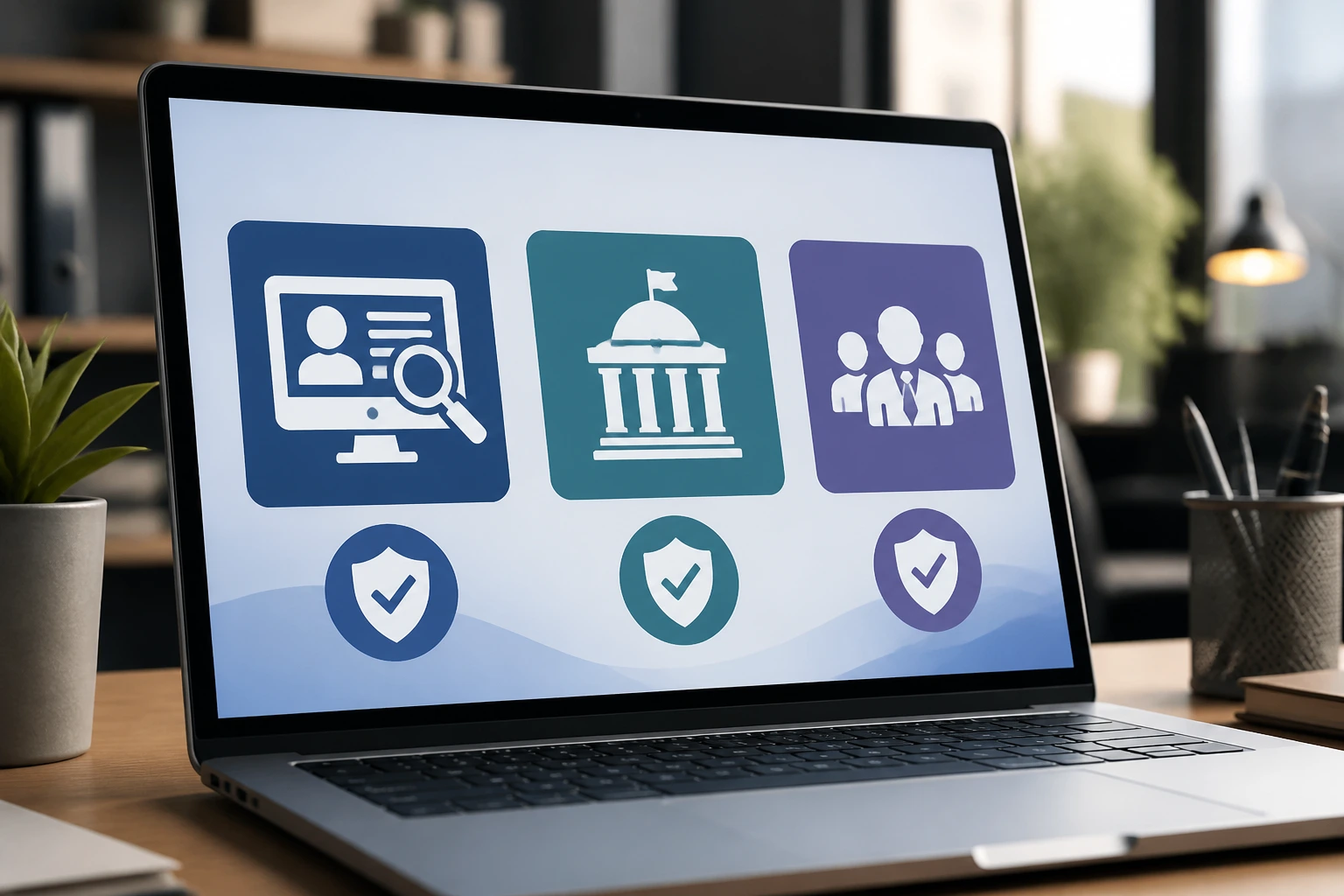 Laptop screen with abstract icons representing official job postings and recruiters