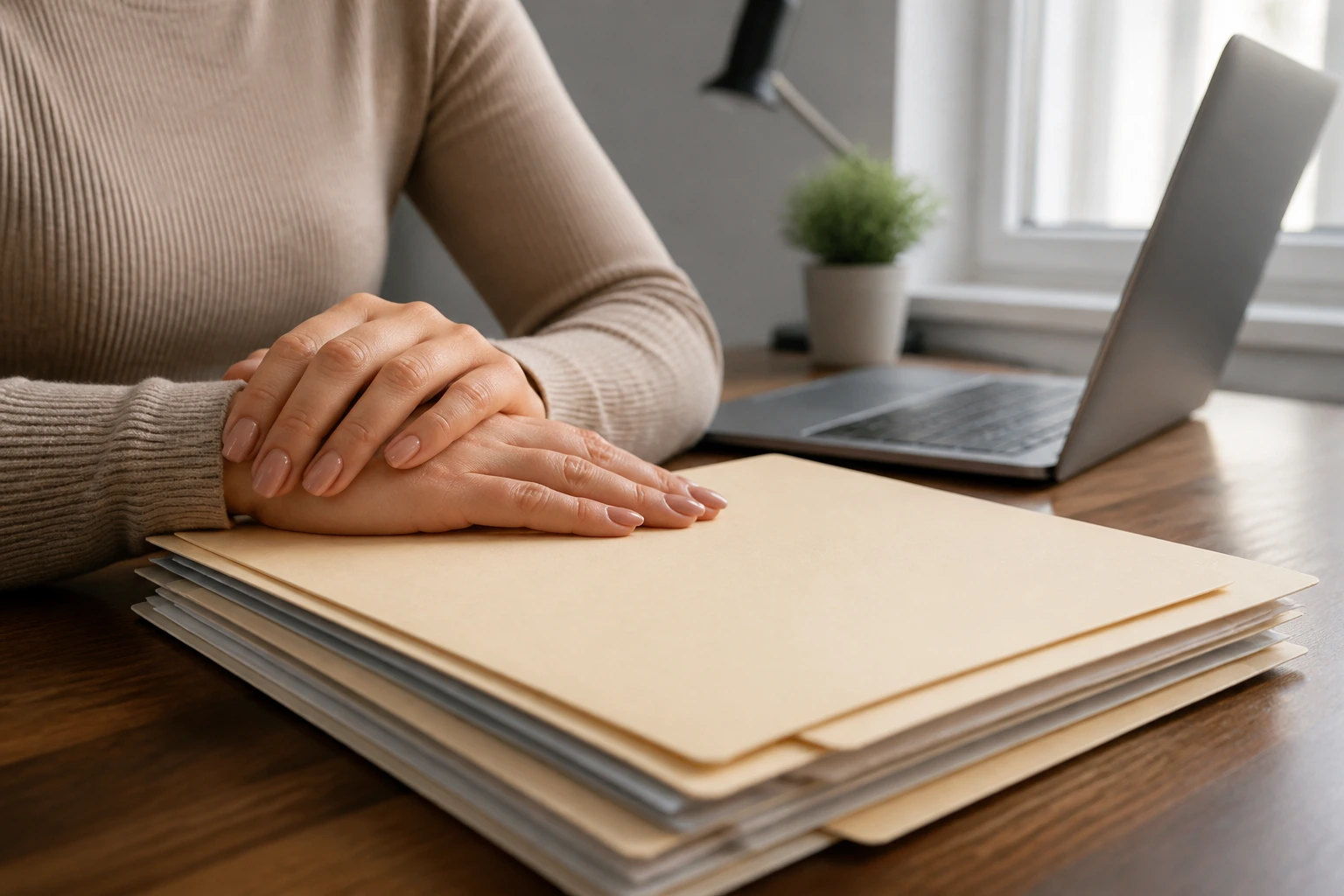 Close-up of hands and unmarked folders on a desk, symbolizing official sources for Canadian visa decisions