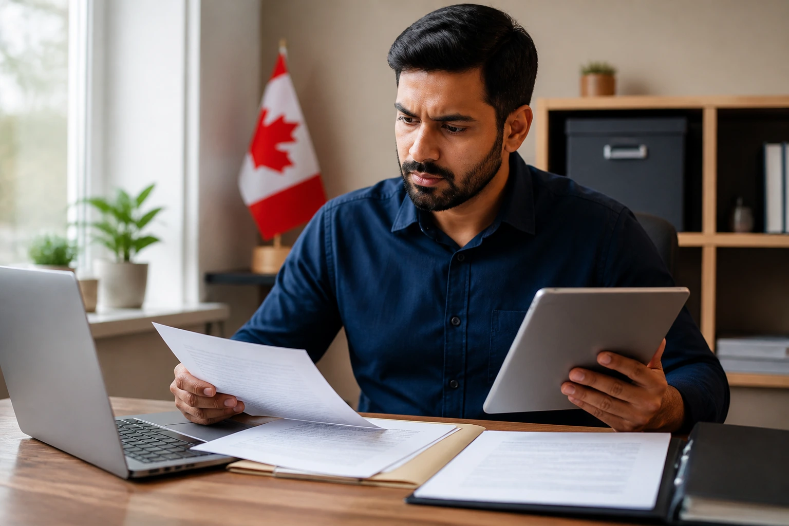 Person at desk reviewing offers with a tablet, official sources in mind