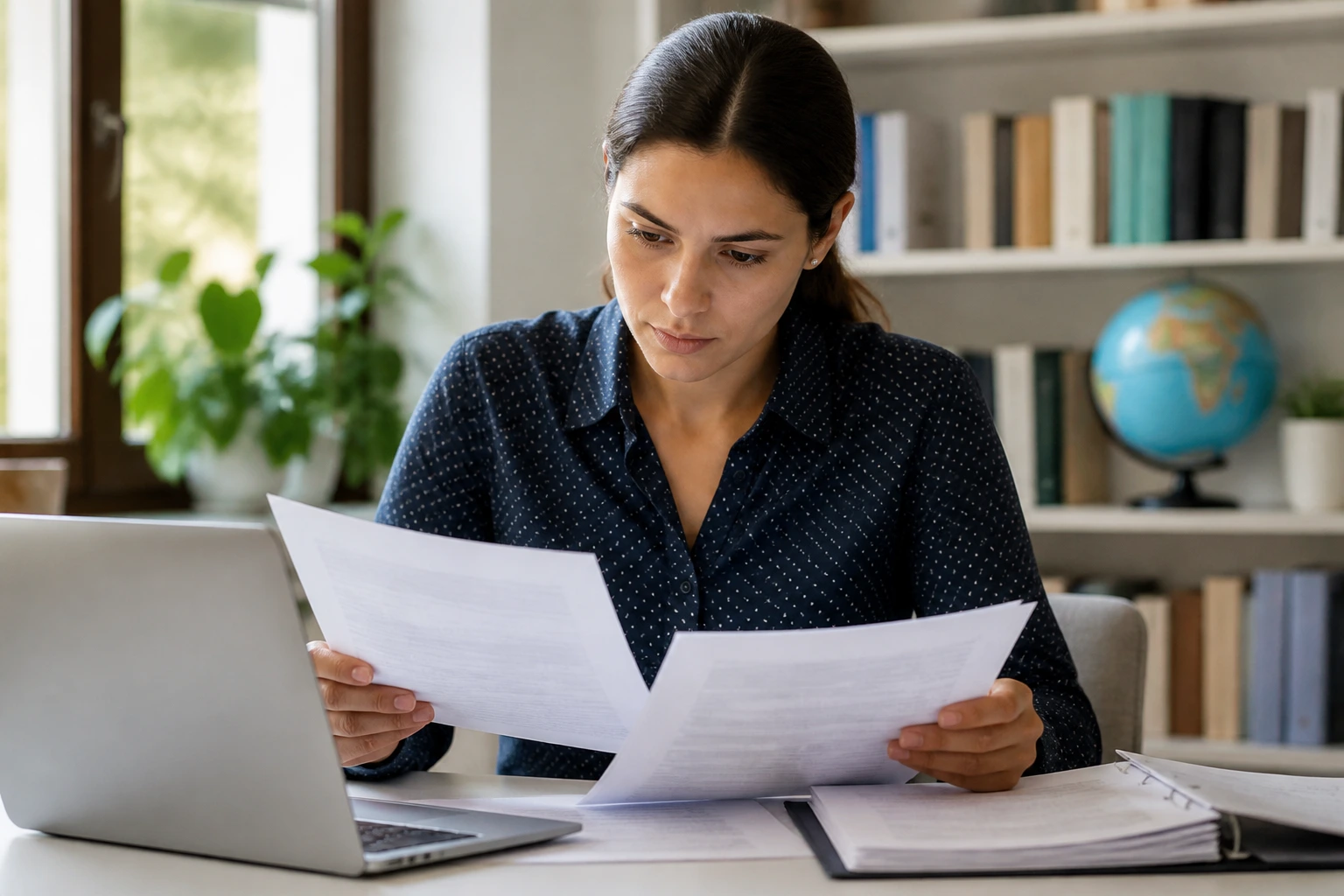 Person reviewing official visa and employment documents at a desk.