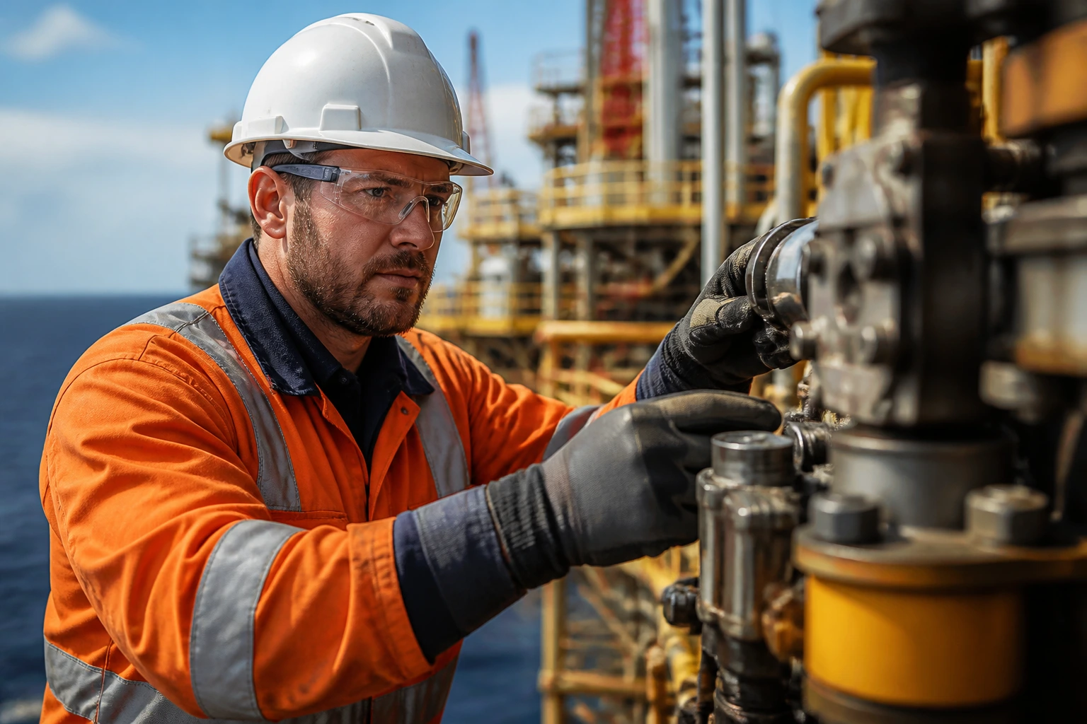 Close-up portrait of an oil and gas technician in PPE on an offshore platform.