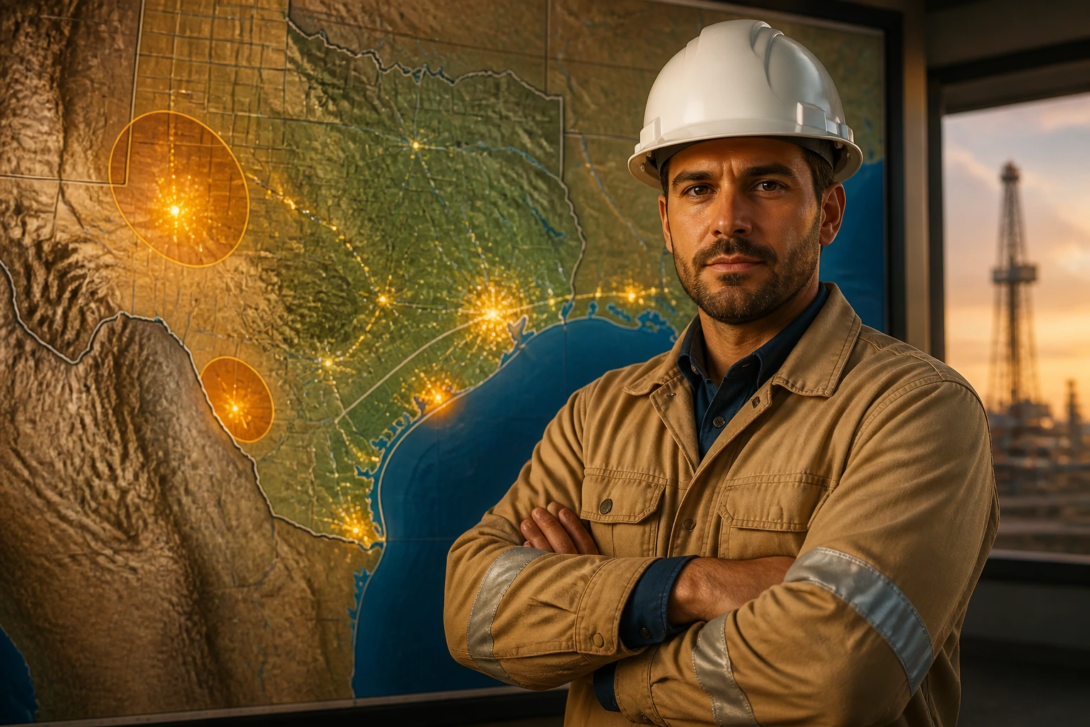 Engineer standing before a map of oil hubs