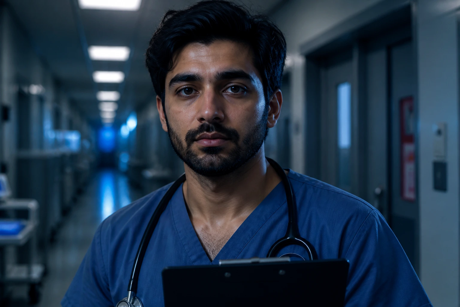 Close-up of a doctor on night shift in a hospital corridor, representing on-call life