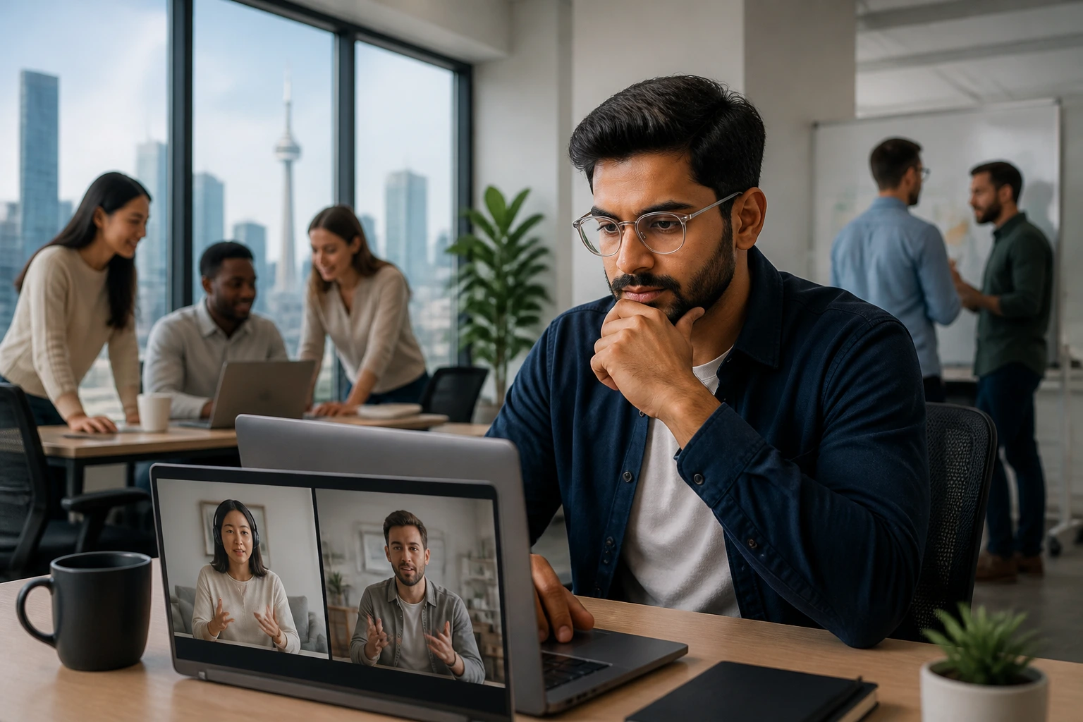 Medium shot of a professional in a busy on-site office environment illustrating collaboration and on-site work considerations