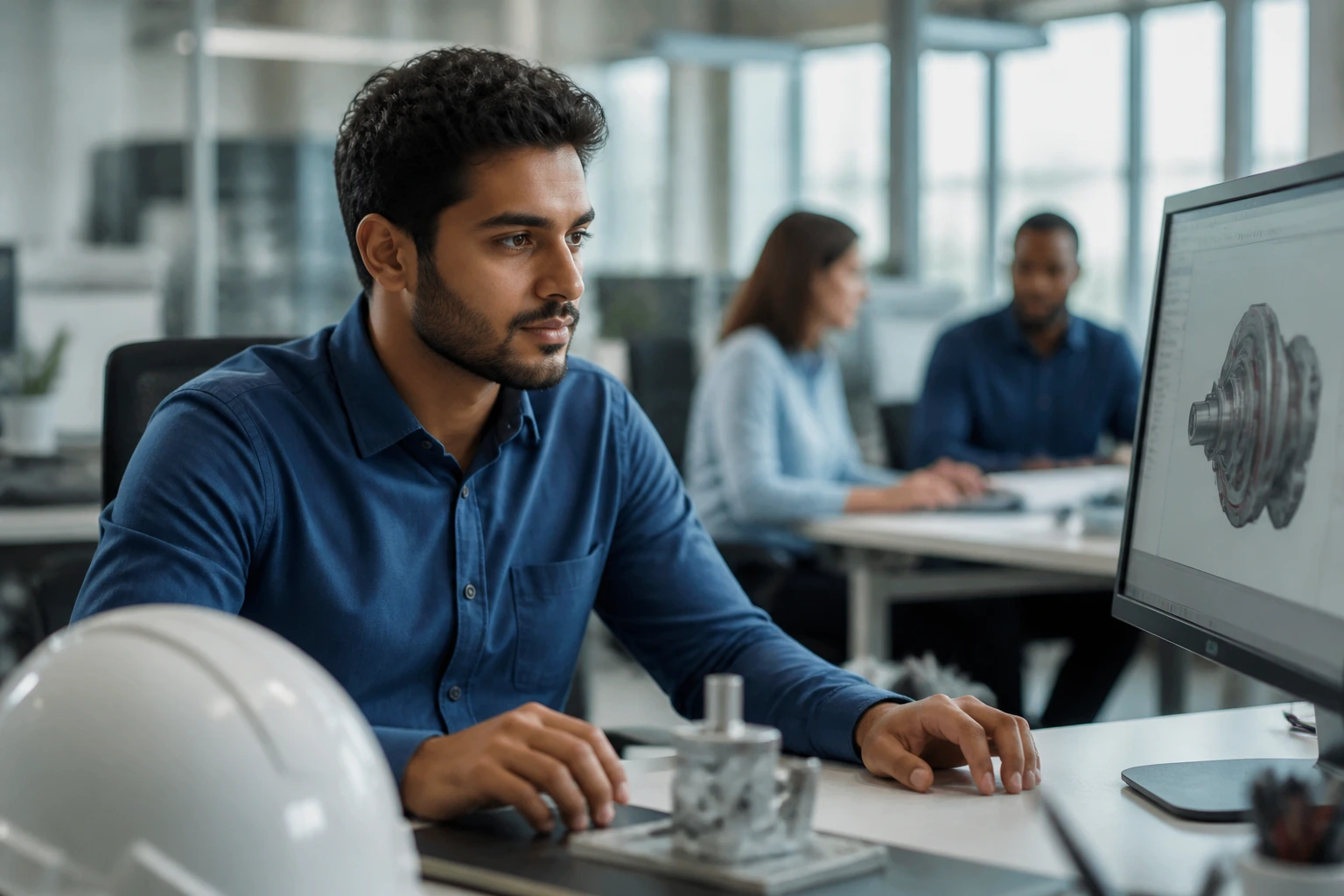 New engineer at a workstation in a bright open-plan office with teammates in the background.