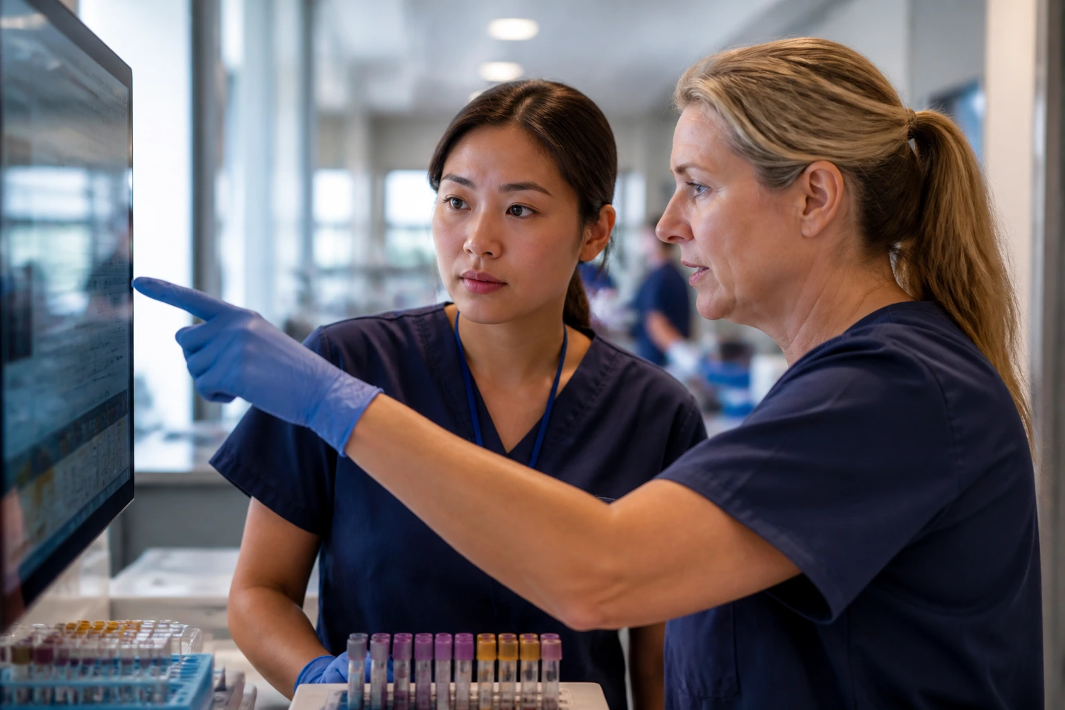 New phlebotomist in orientation with mentor in clinical training room