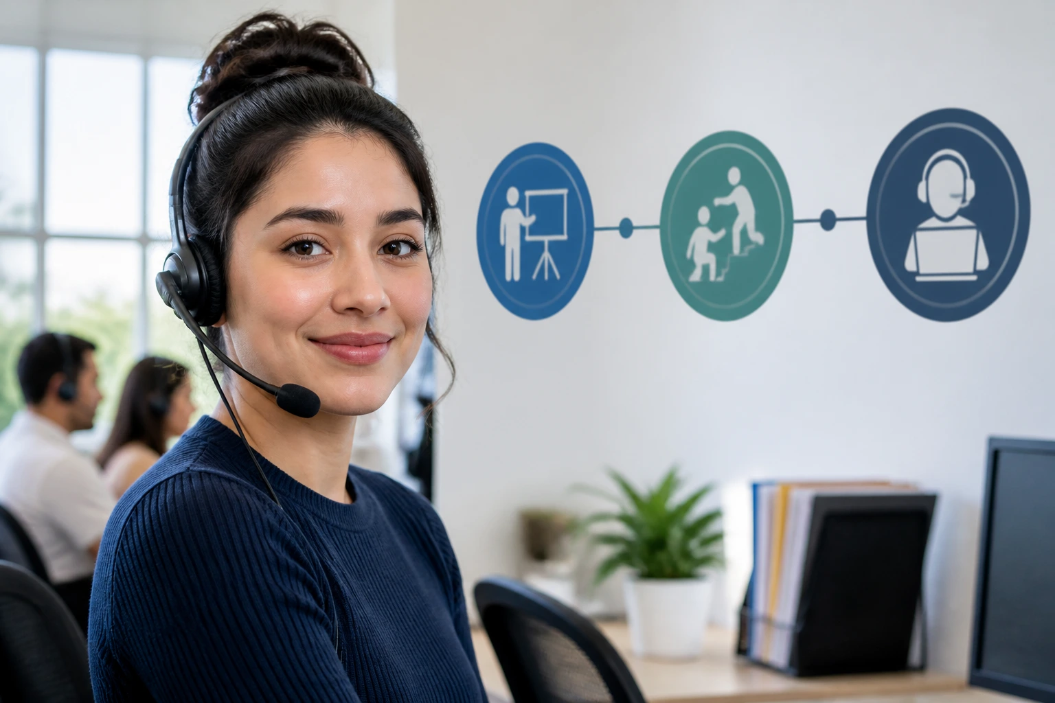 New bilingual agent during onboarding and training in a bright office.