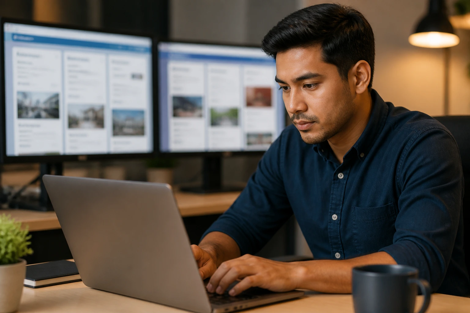 Person at a desk with laptop and blurred screens representing online sponsorship openings