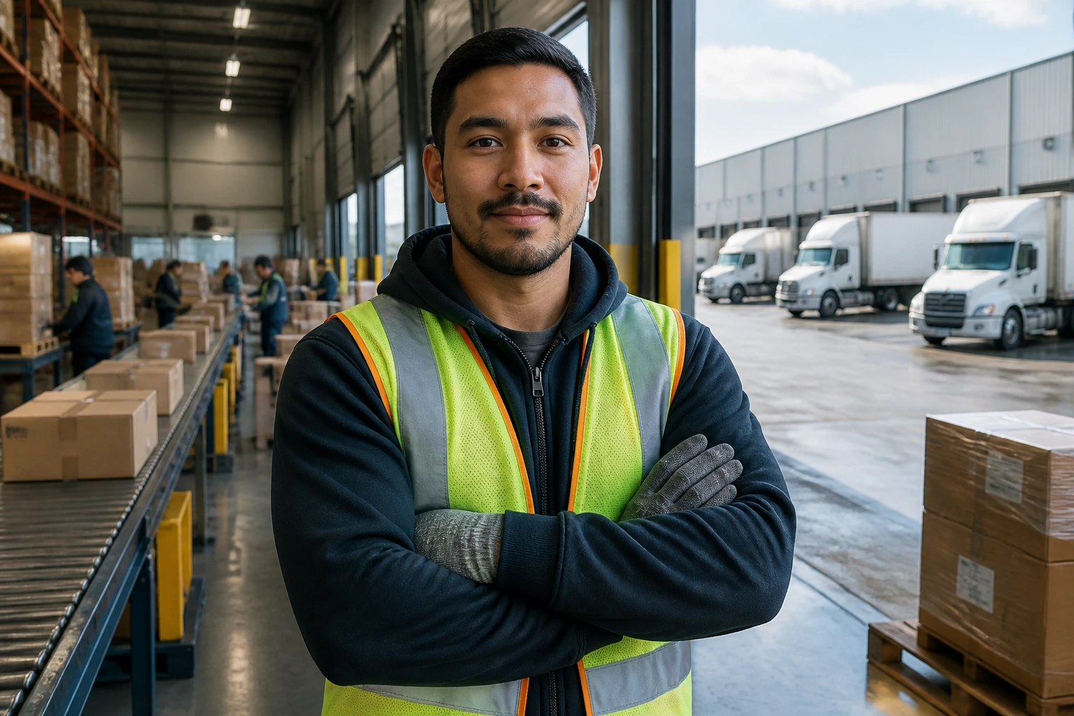 Worker at a busy loading dock in a major Canadian warehouse hub area