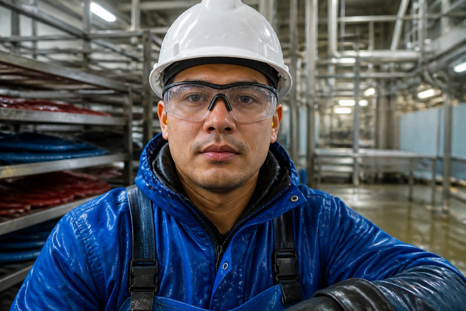 Portrait of a factory worker in PPE inside an industrial plant