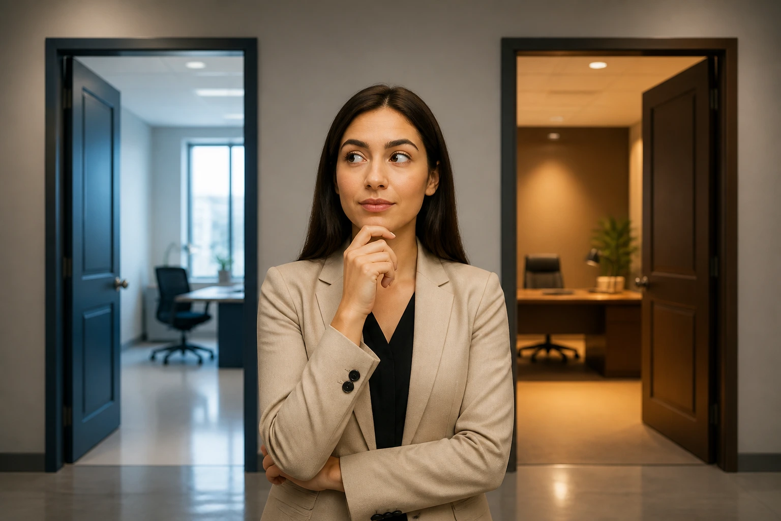 Portrait illustrating the choice between open and employer-specific permits in an office setting