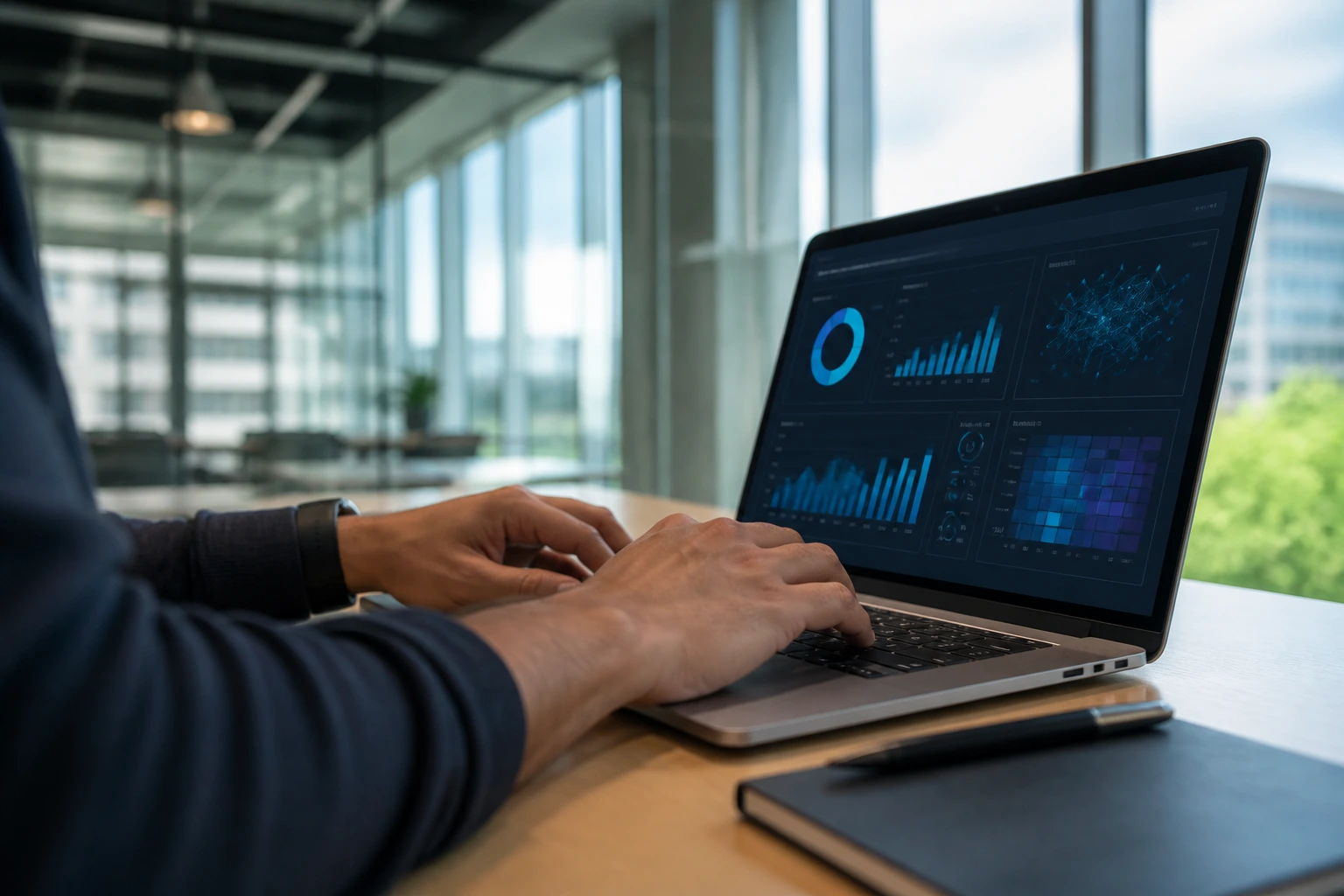 Close-up of a software engineer typing in a Waterloo office representing OpenText with abstract data visuals on screen