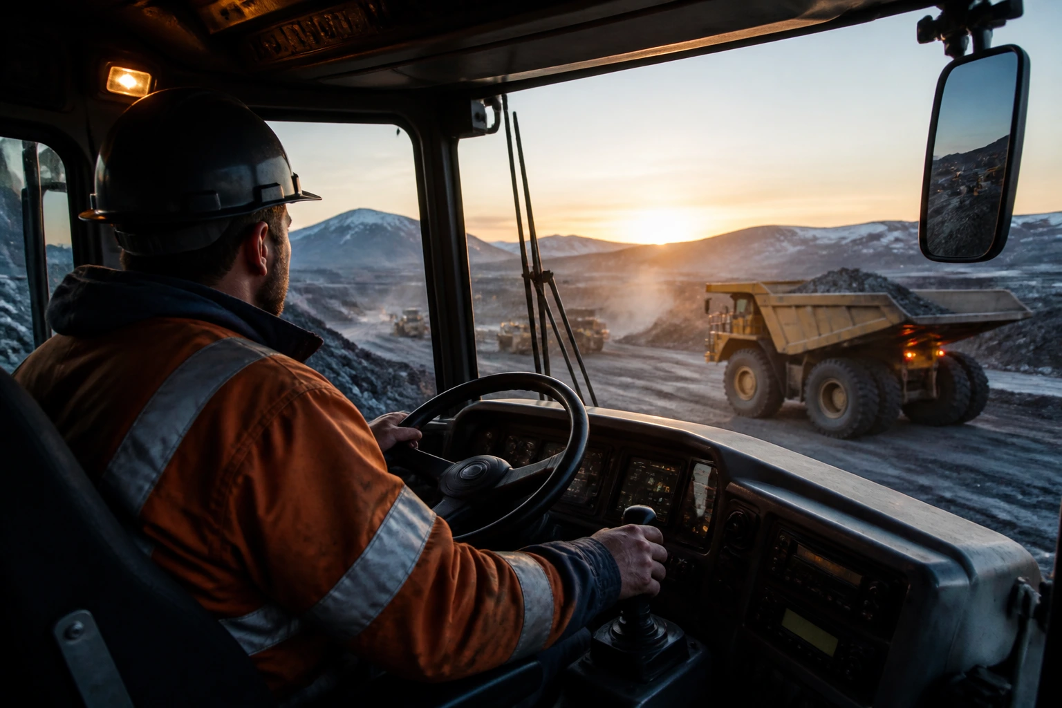 Heavy equipment operator in cab at remote mining site, highlighting high-demand roles in Canada