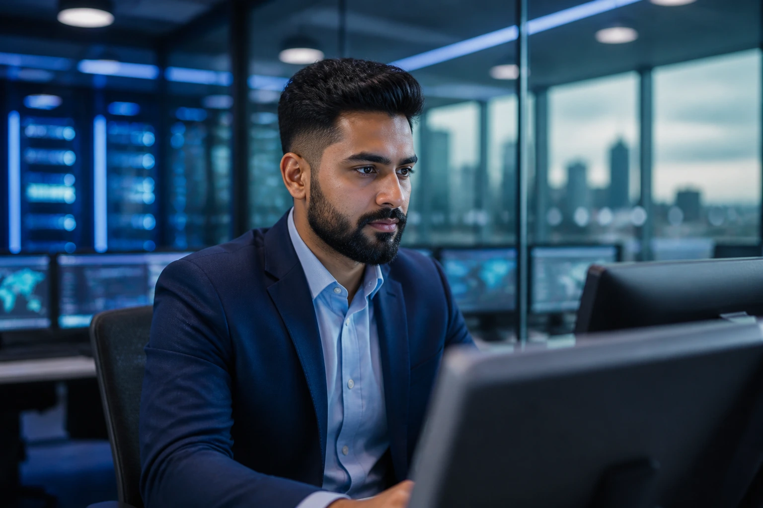 Medium close-up of an Oracle cloud engineer in a UK office environment