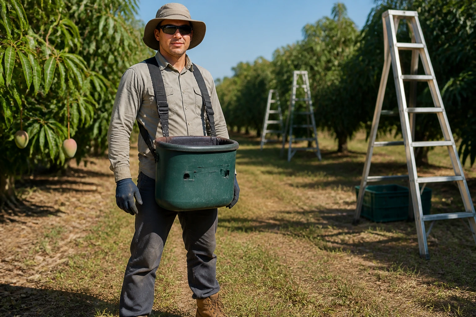 Worker in orchard wearing essential gear: hat, boots, long sleeves