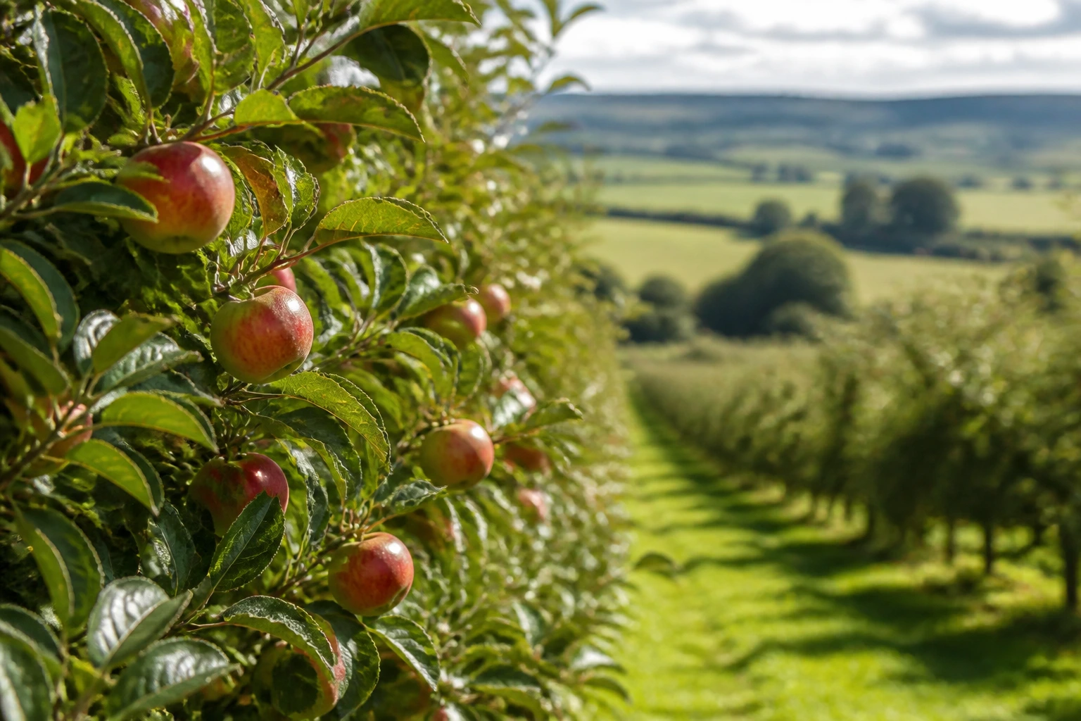 Orchard row filling the frame in sunlit countryside