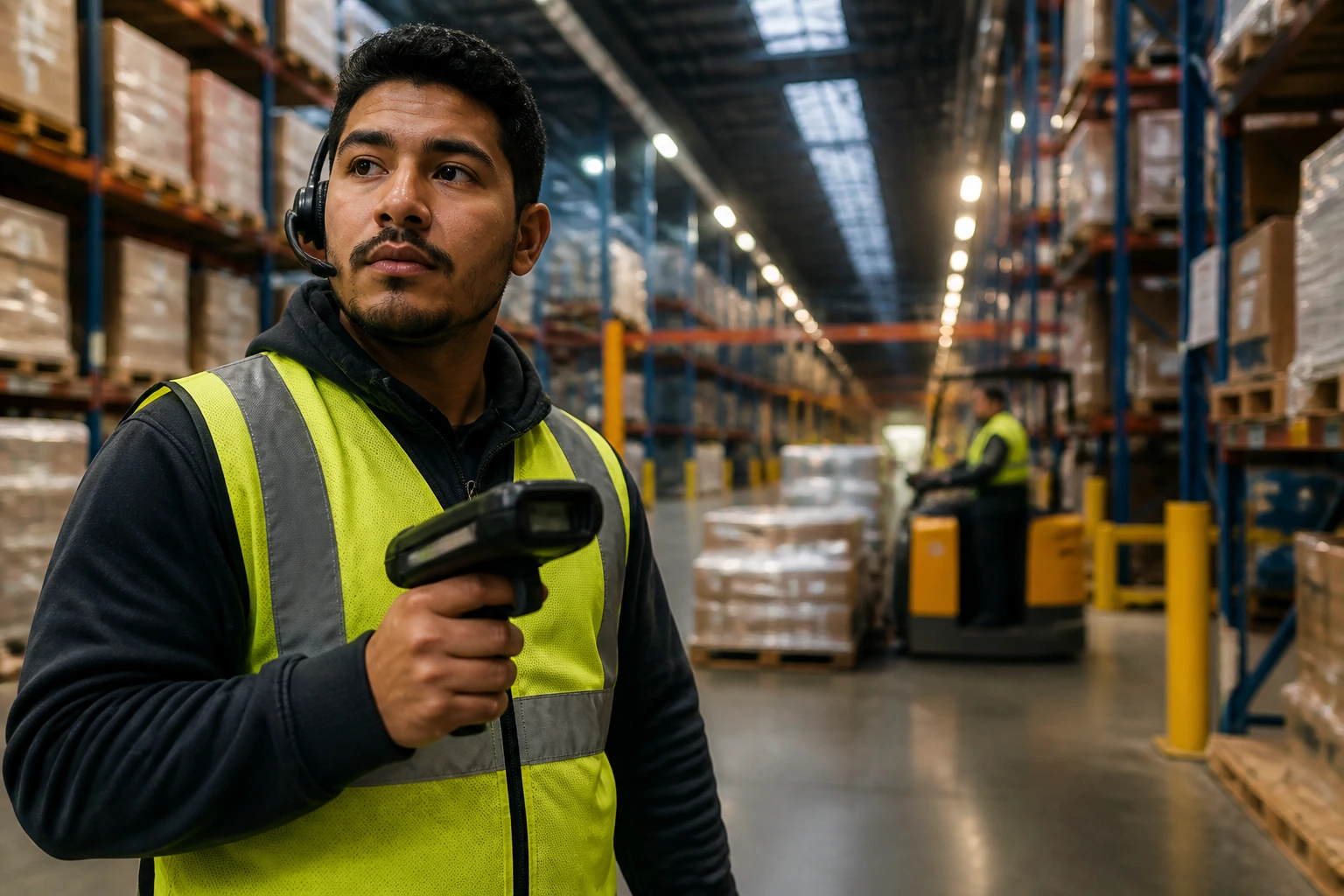 Close-up of an order picker on the warehouse floor with RF scanner
