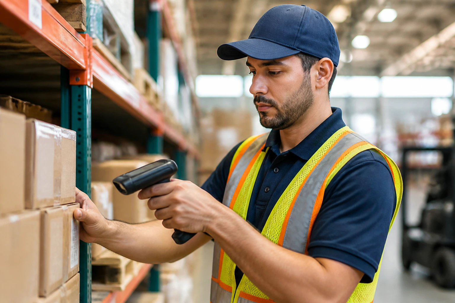 Warehouse worker using handheld scanner in a distribution center