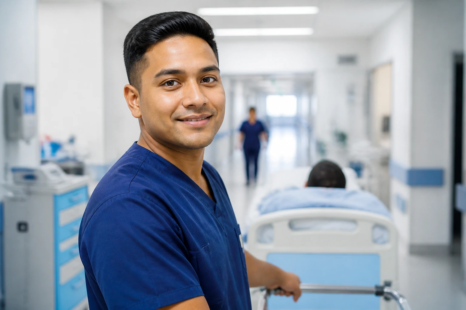 Close-up portrait of a hospital orderly in uniform in a corridor, representing career progression in Australian health care