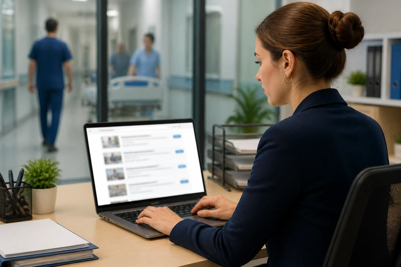 Person reviewing hospital job advertisements on laptop in HR office